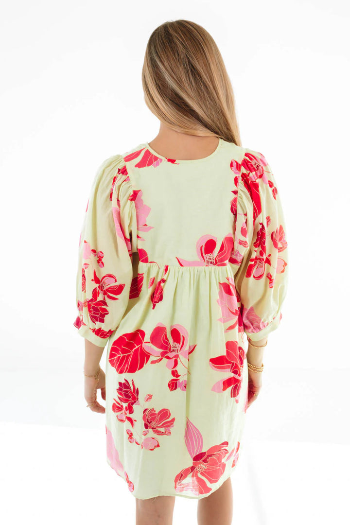 Alara Puff Sleeve Dress | Lime Pink