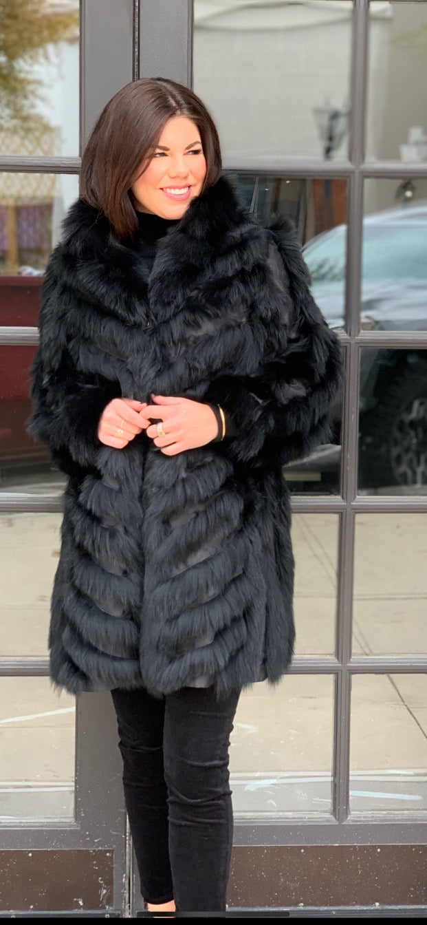 Genuine Fox Fur Reversible Coat | Black