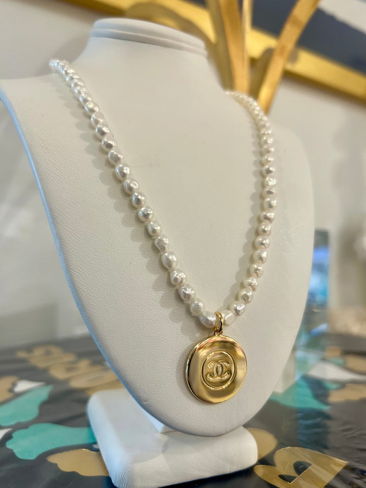 Seed Pearl Necklace with CC Medallion