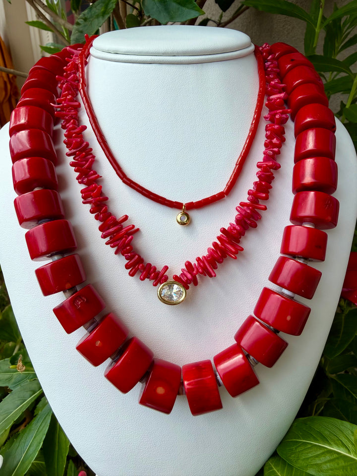 Bamboo Coral Beaded Necklace with CZ Oval Pendant