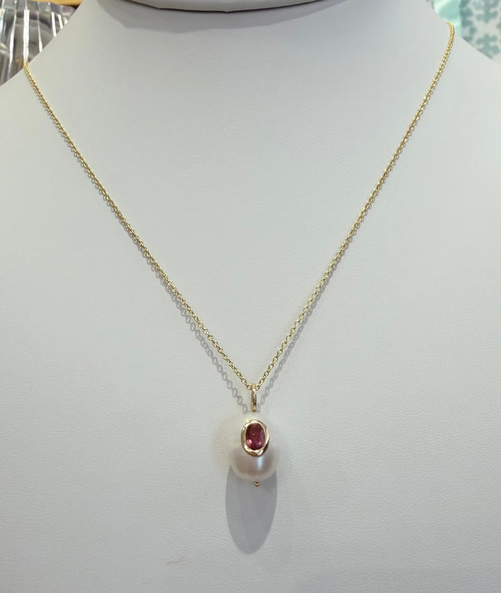 14kt Small White Oval Pearl Charm with Stone