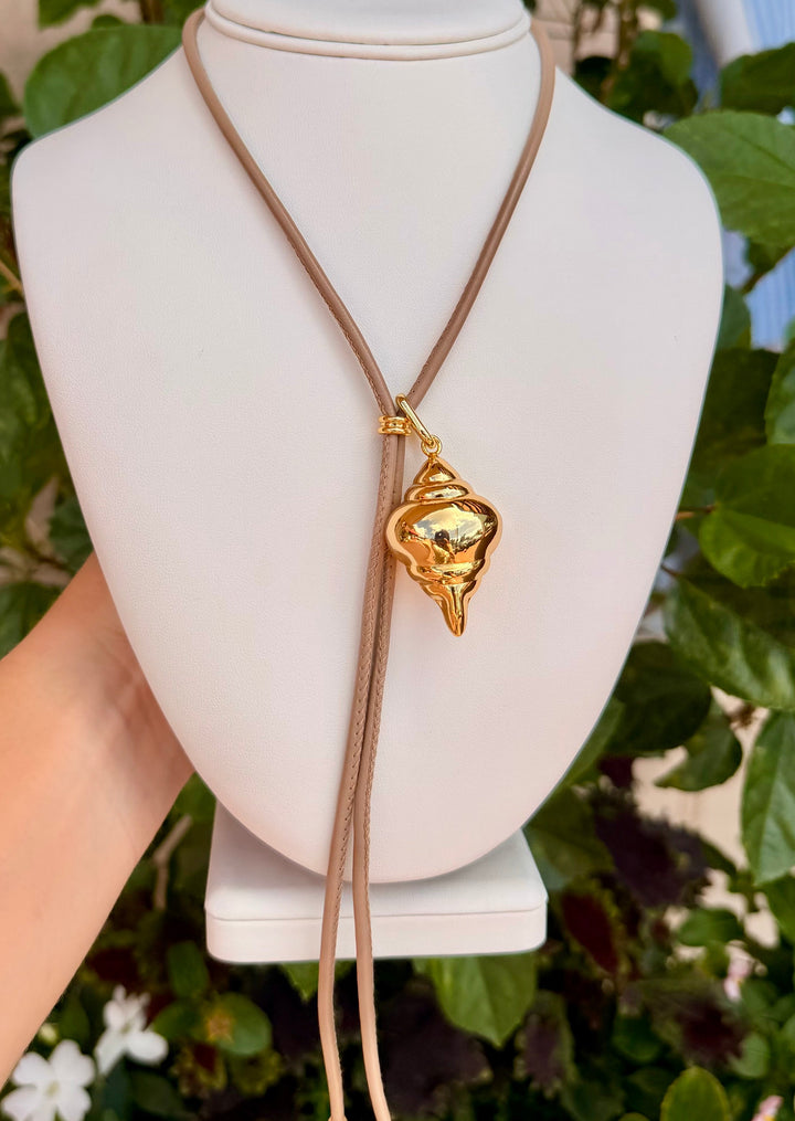 Vegan Leather Bolo with Shell  Pendant | Beige