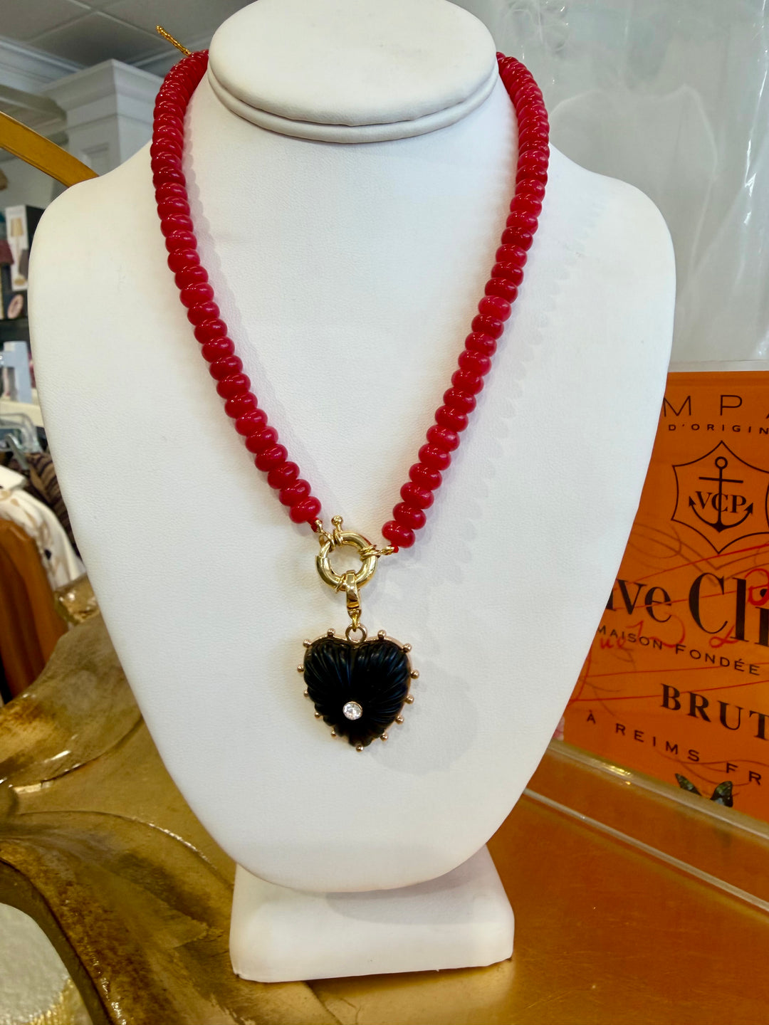 Red Bead Necklace with Black Heart Charm