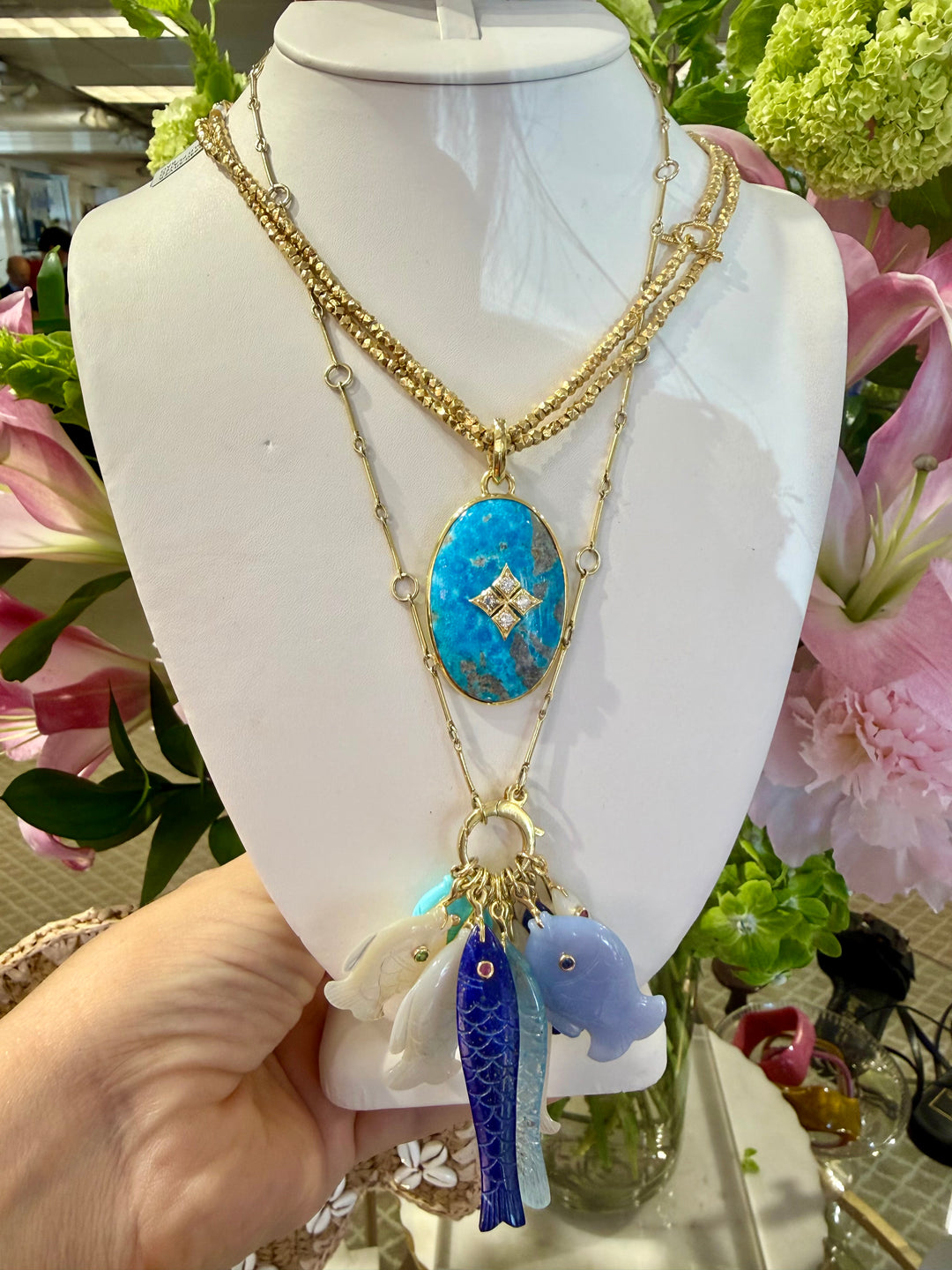 14kt Baby Rosa Venetian Glass Pendant + Gold Nugget Beaded Toggle Necklace