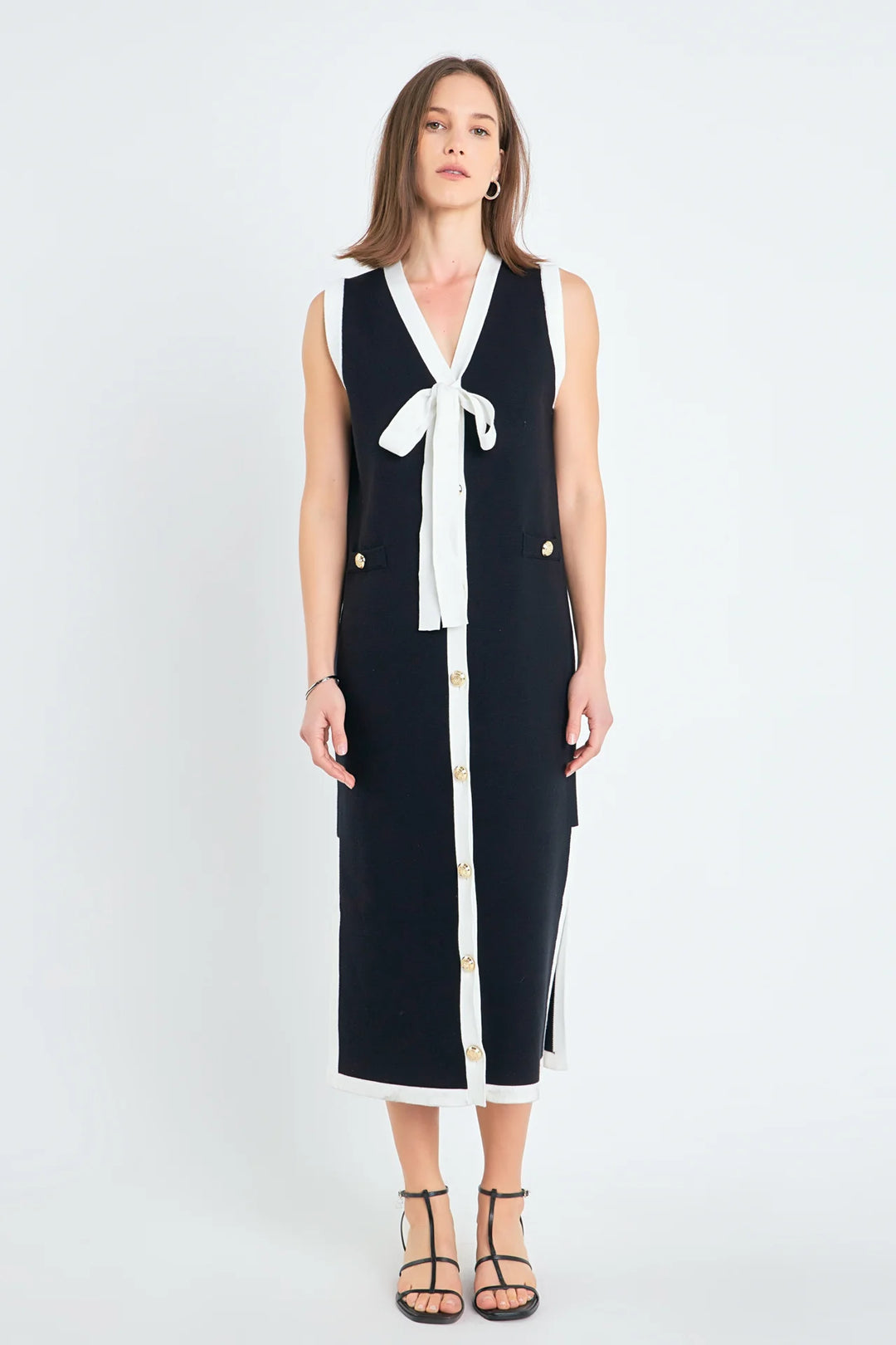 Knit Midi Dress with Ribbon Tie | Navy White