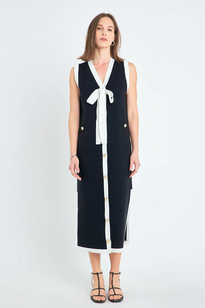 Knit Midi Dress with Ribbon Tie | Navy White