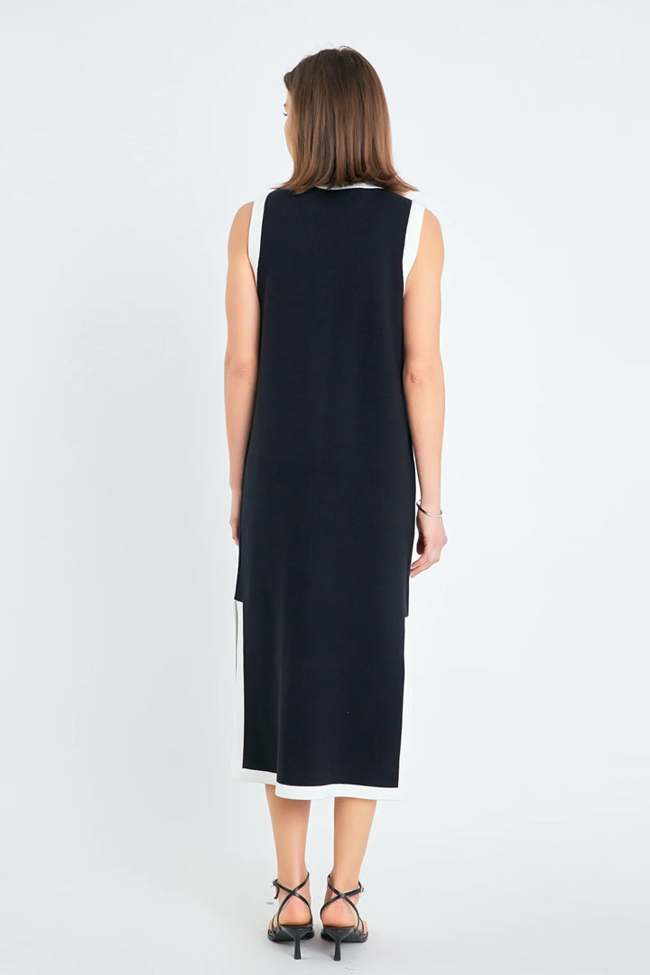 Knit Midi Dress with Ribbon Tie | Navy White
