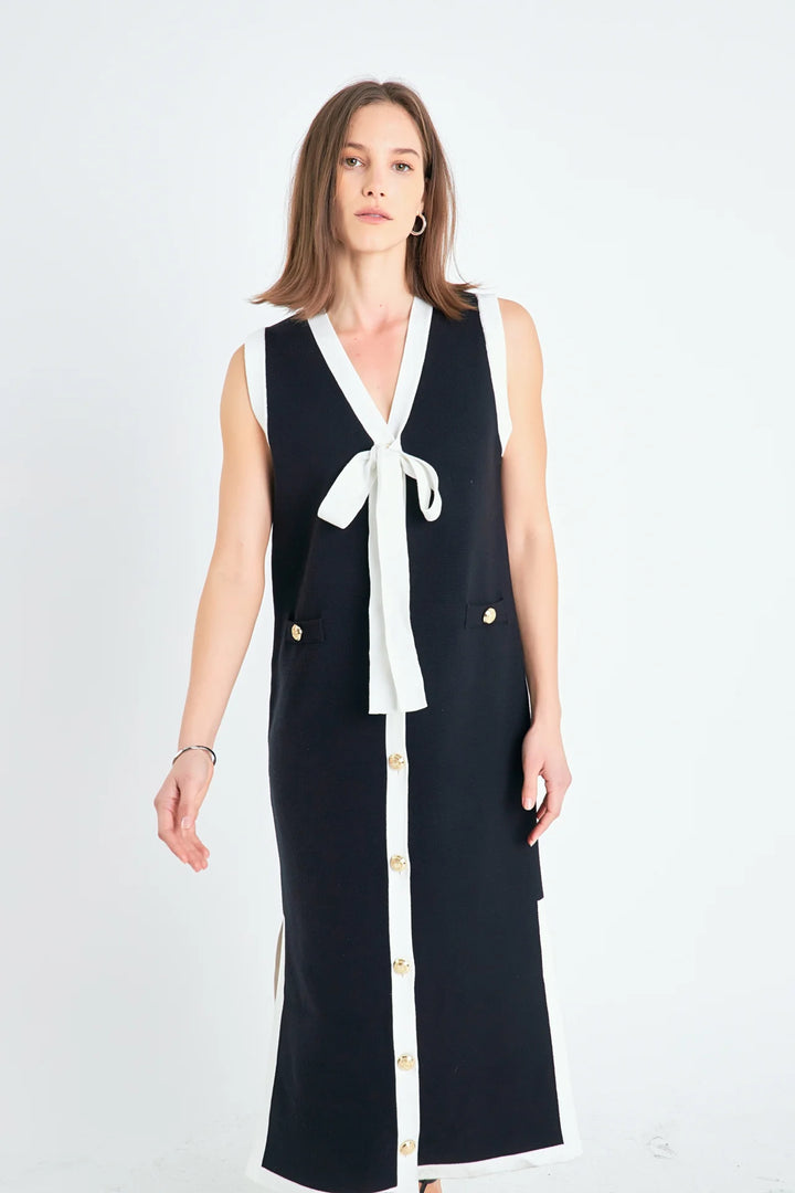 Knit Midi Dress with Ribbon Tie | Navy White