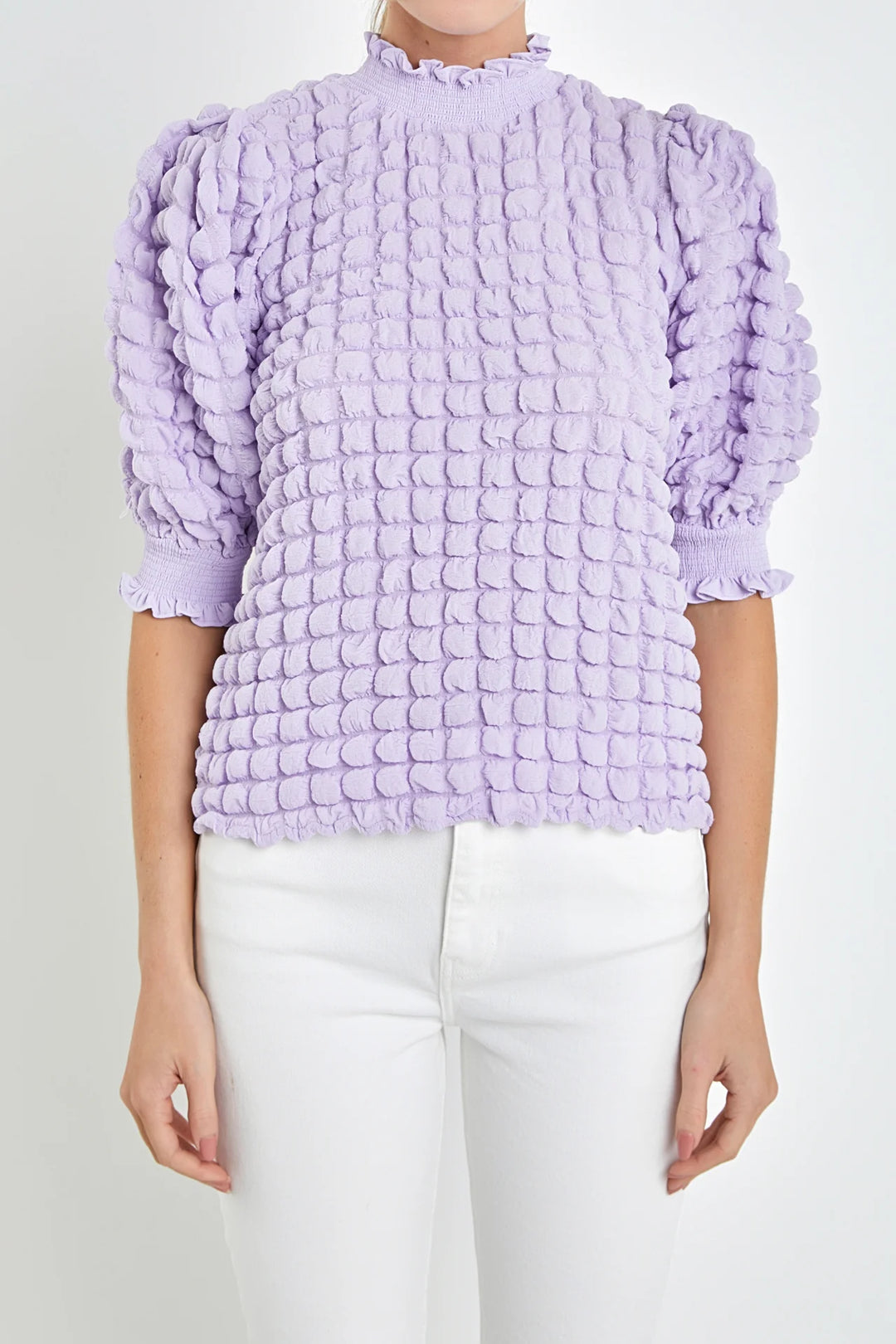 Textured Mock Neck Short Sleeve Blouse | Lavender