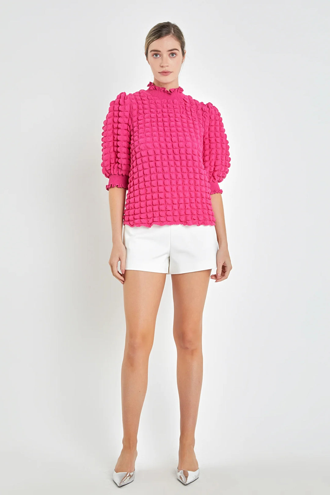 Textured Mock Neck Short Sleeve Blouse | Pink