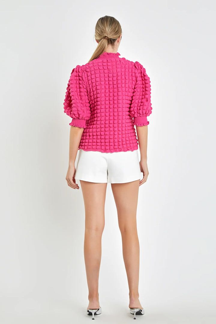 Textured Mock Neck Short Sleeve Blouse | Pink