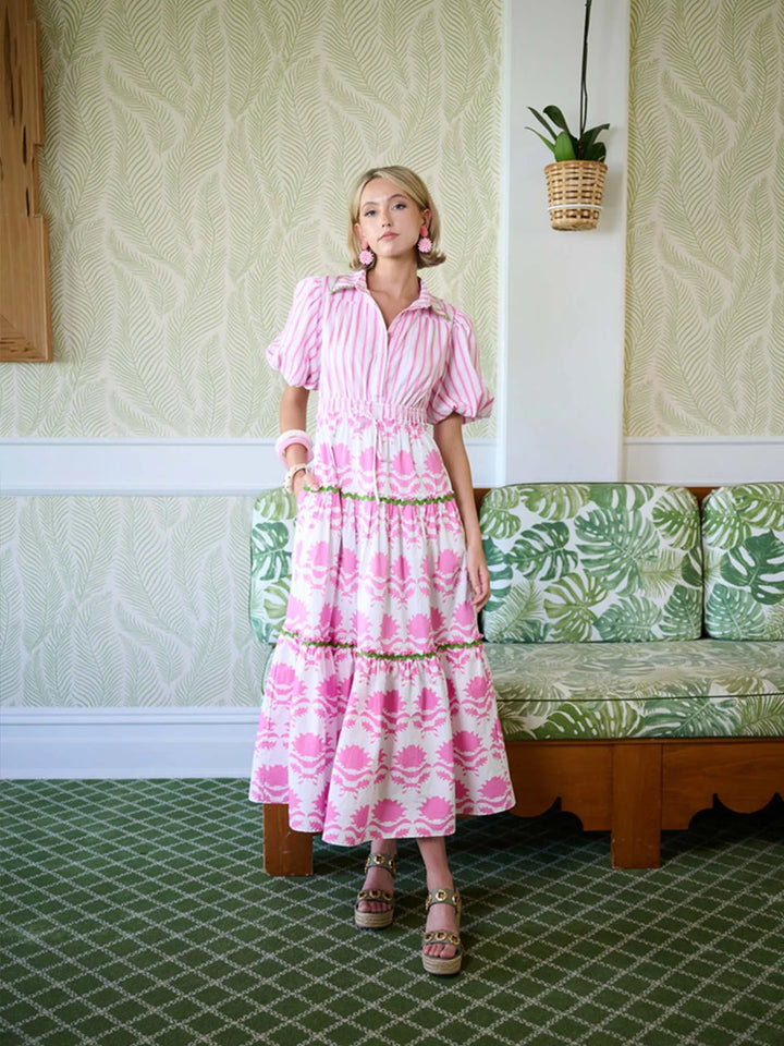 Banyan Puff Sleeve Dress | Pink Magnolia & Ticking Stripe