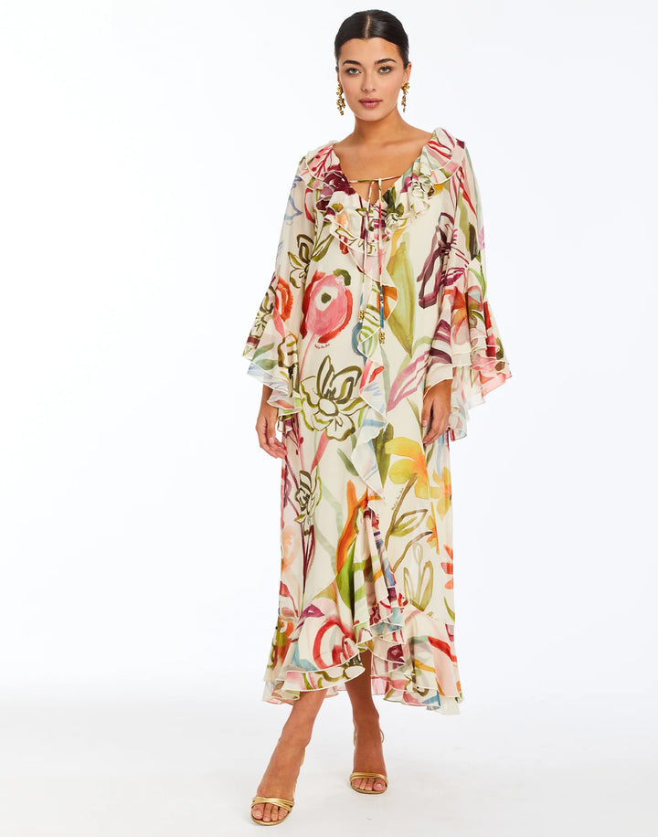 Bimini Ruffle Caftan | Ivory Watercolor