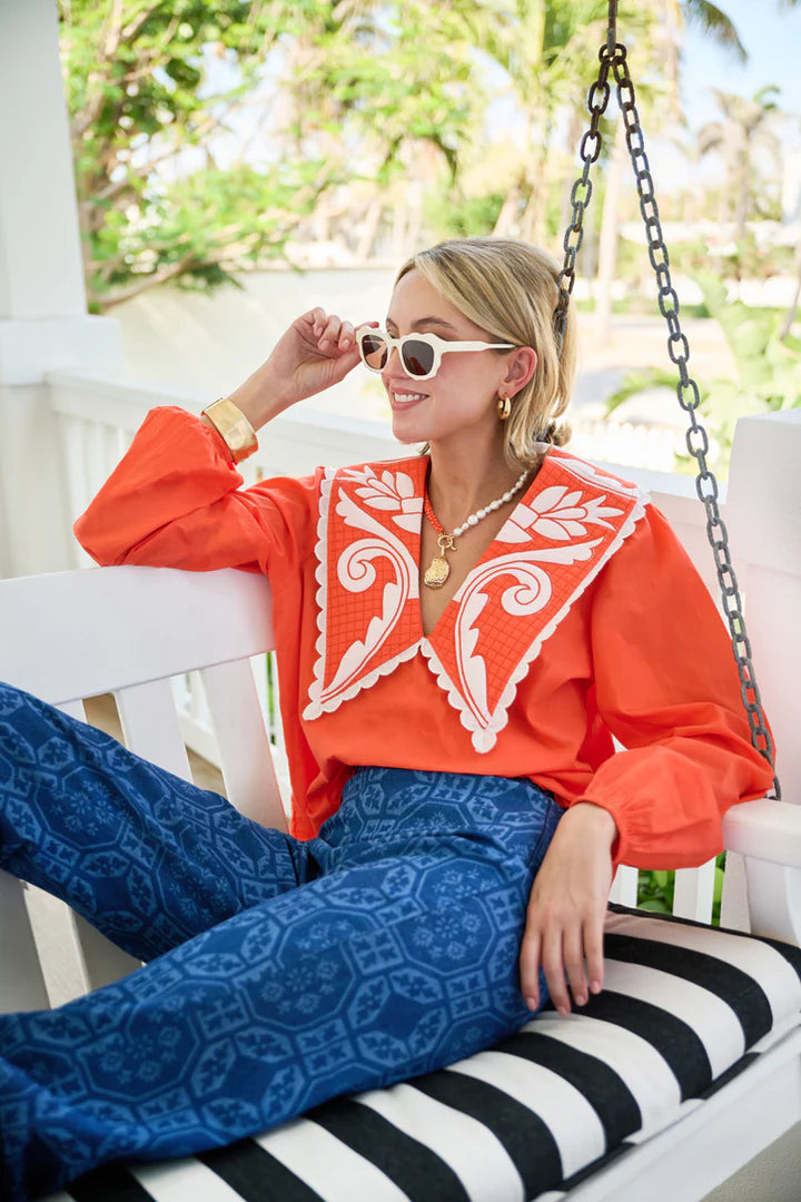 Emma Deep V Quilted Collar Blouse | Coral