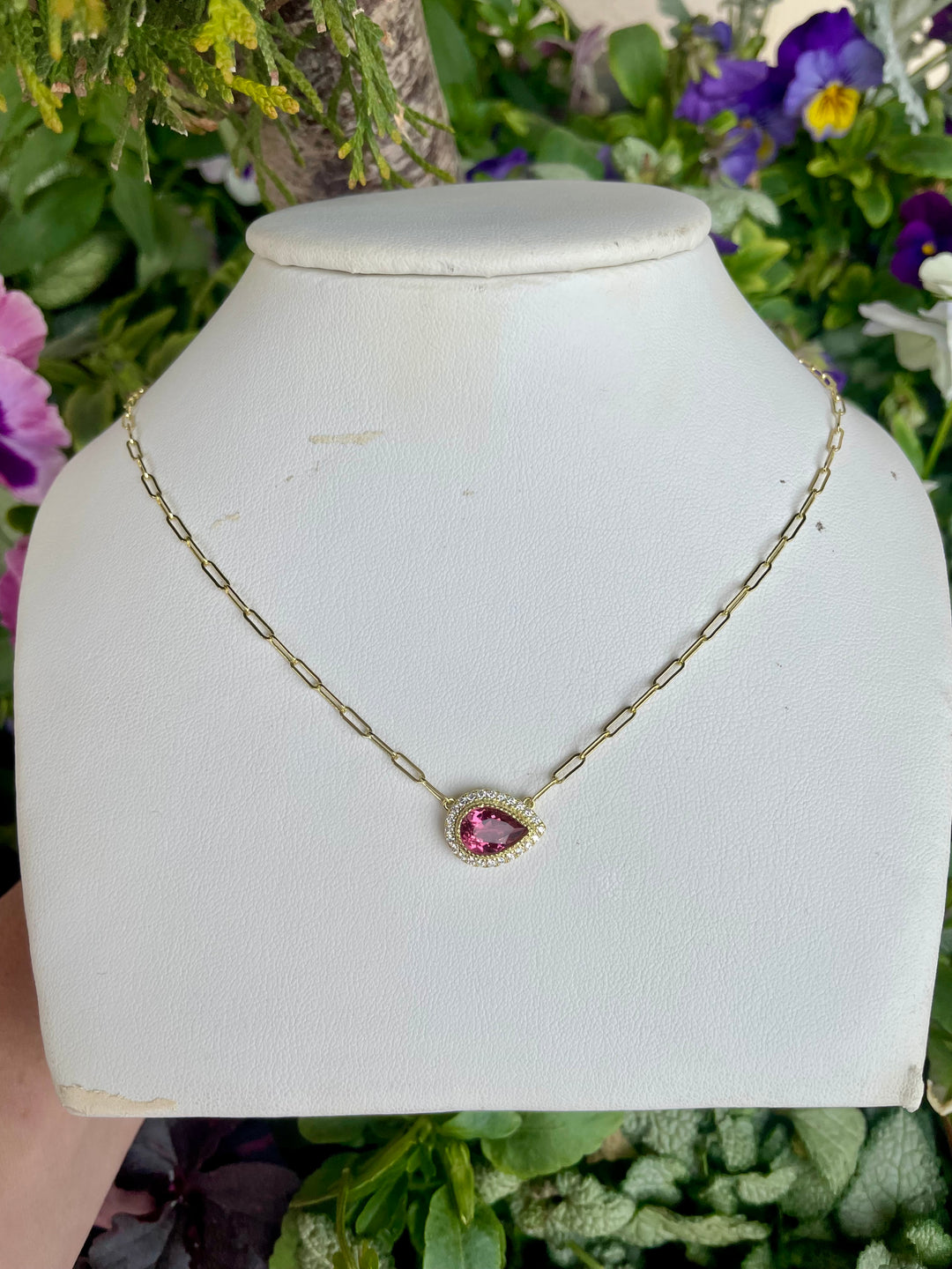 14kt Pink Tourmaline Teardrop Diamond Necklace