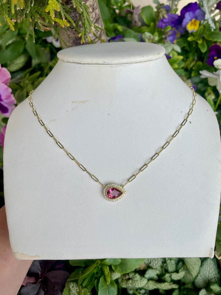 14kt Pink Tourmaline Teardrop Diamond Necklace