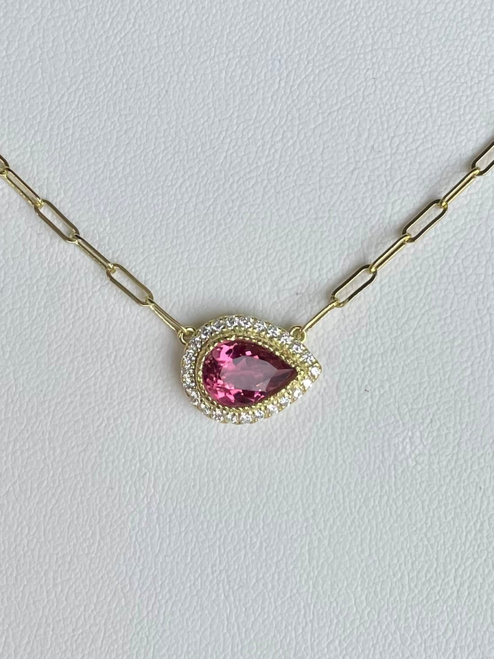 14kt Pink Tourmaline Teardrop Diamond Necklace
