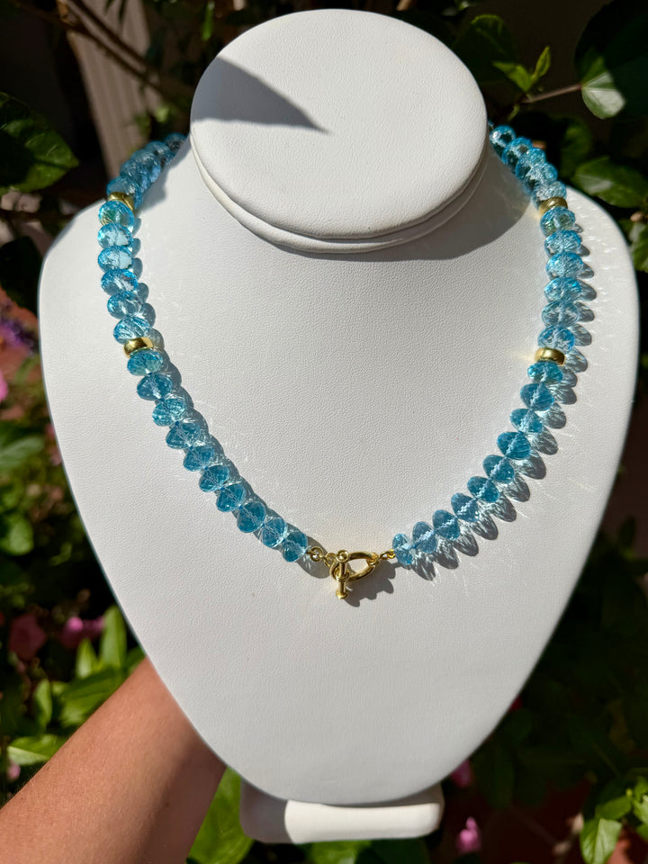14kt Gold Faceted Blue Topaz Graduated Roundel Bead 18" Necklace and Toggle Clasp