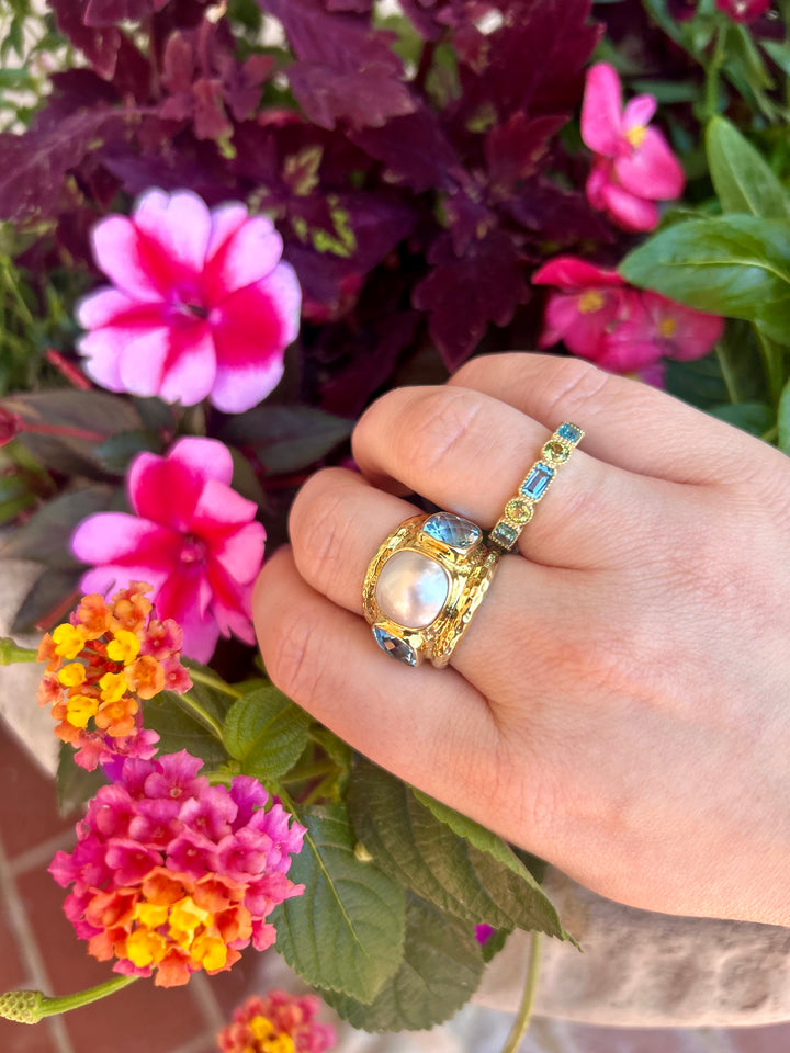 14kt Emerald Cut Blue Topaz and Round Peridot Band