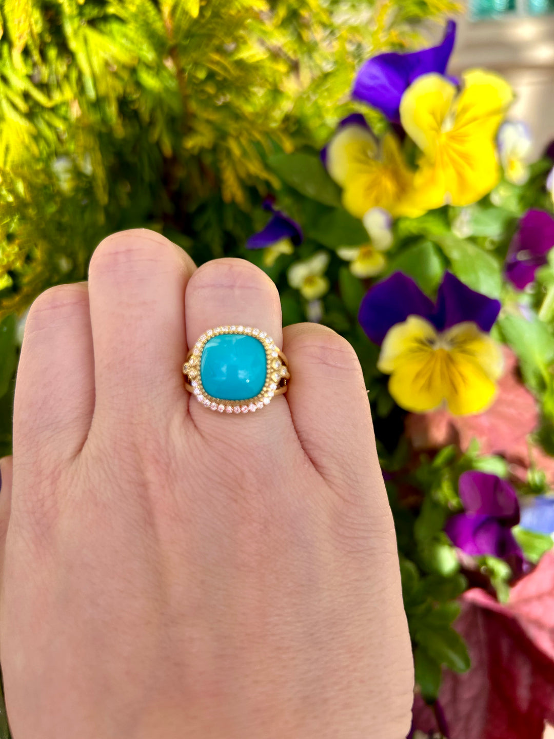 14kt Cushion Turquoise Ring with .34pt Diamond Halo