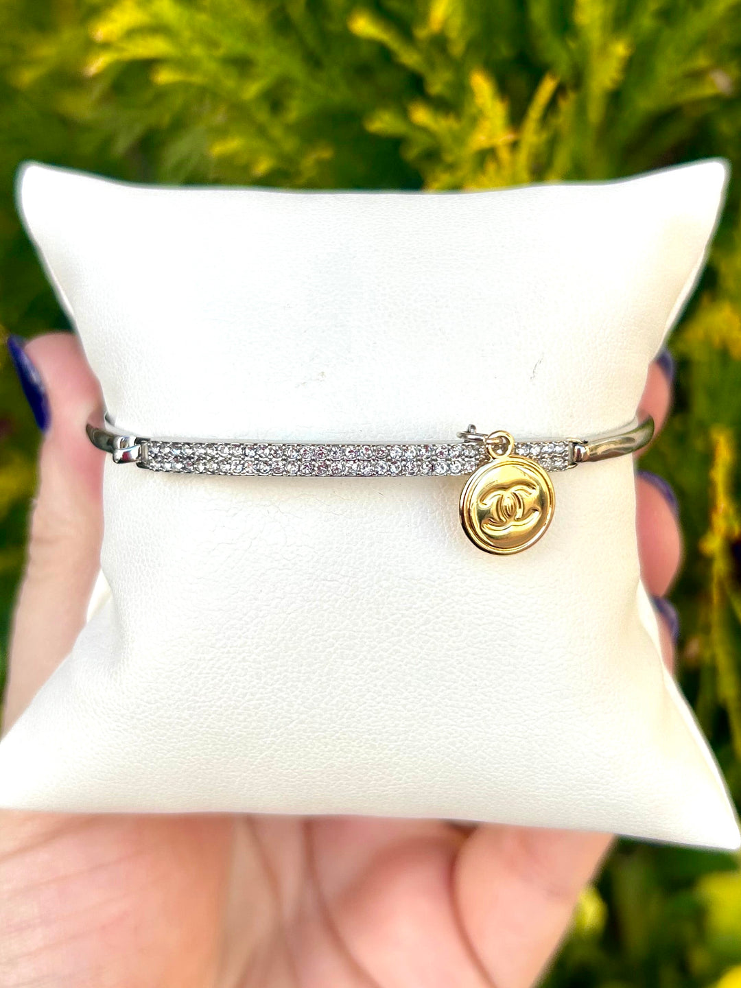 Silver Diamond Bangle with Gold CC Charm