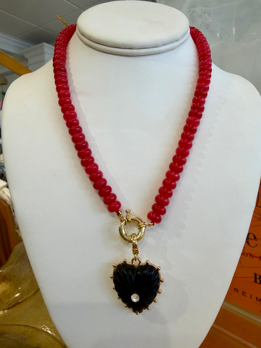Red Bead Necklace with Black Heart Charm