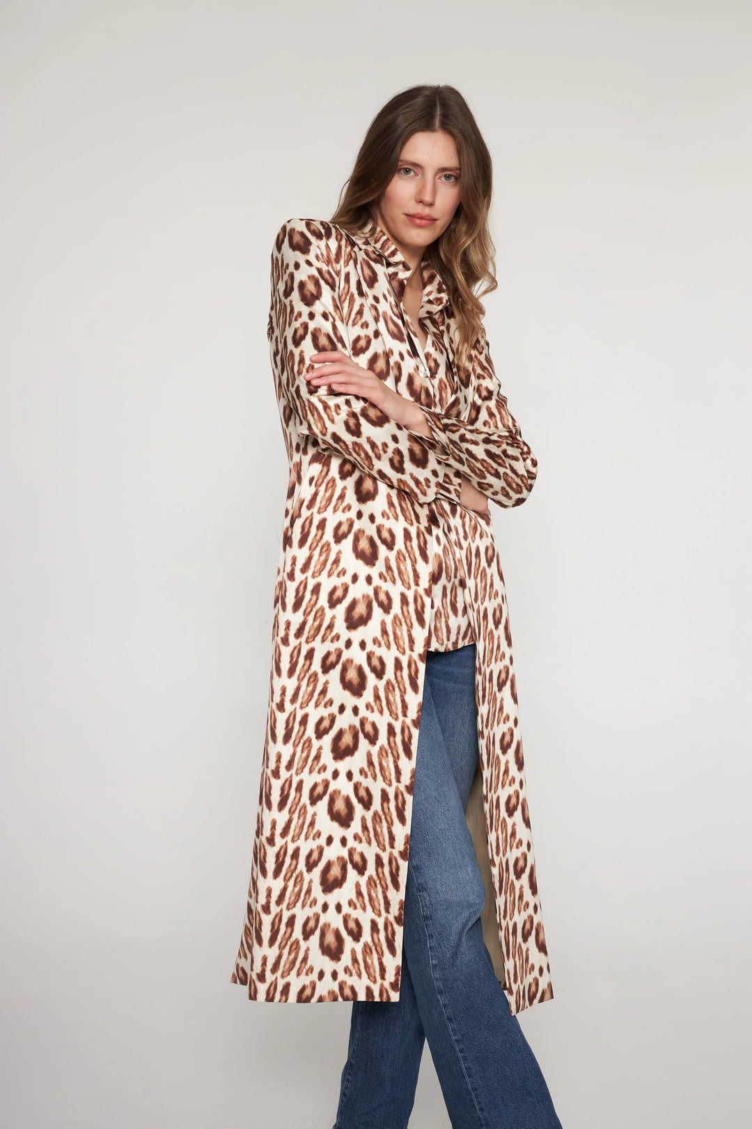 Long Silk Blazer | Oat Leopard