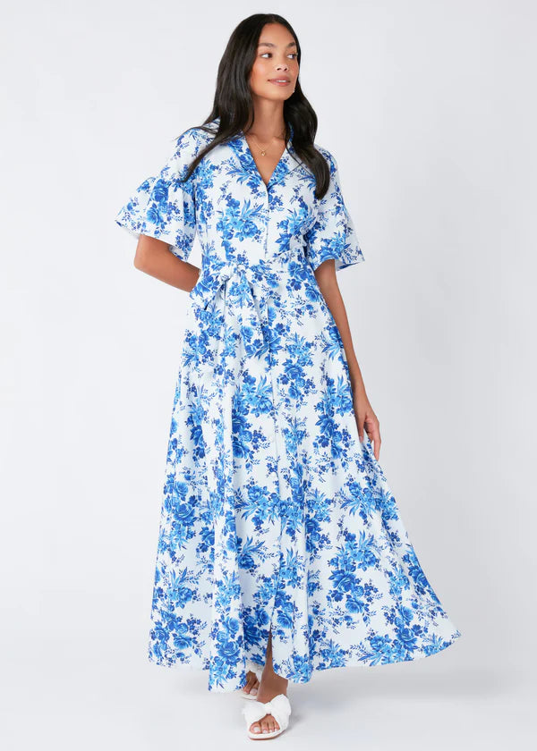 Charlotte Collared Gown | Blue Rose Chintz