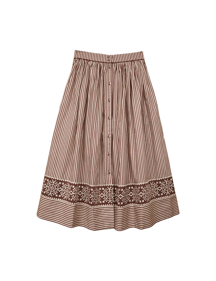 Colette Midi Skirt | Brown Stripe Embroidered