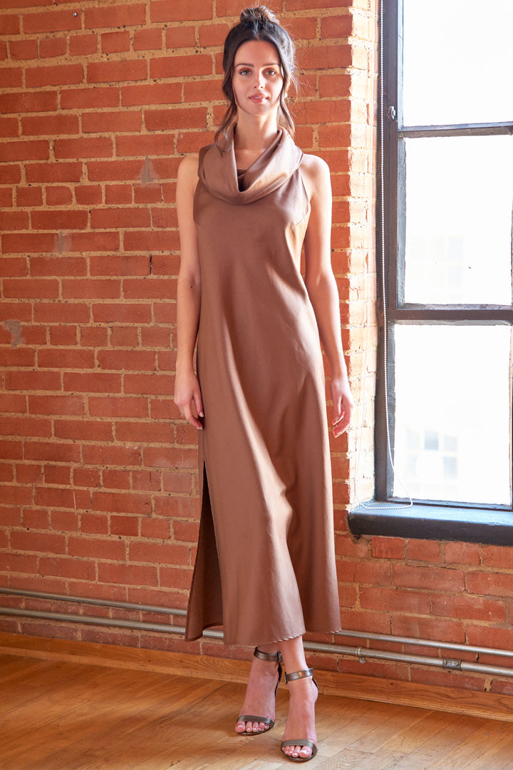 Cowl Dress | Brown Satin