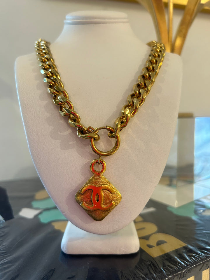 Gold Thick Chain with Diamond Shape CC Charm