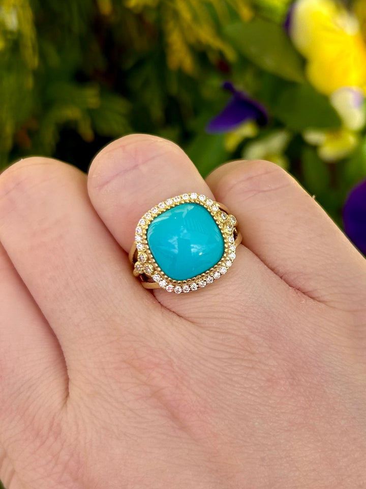 14kt Cushion Turquoise Ring with .34pt Diamond Halo