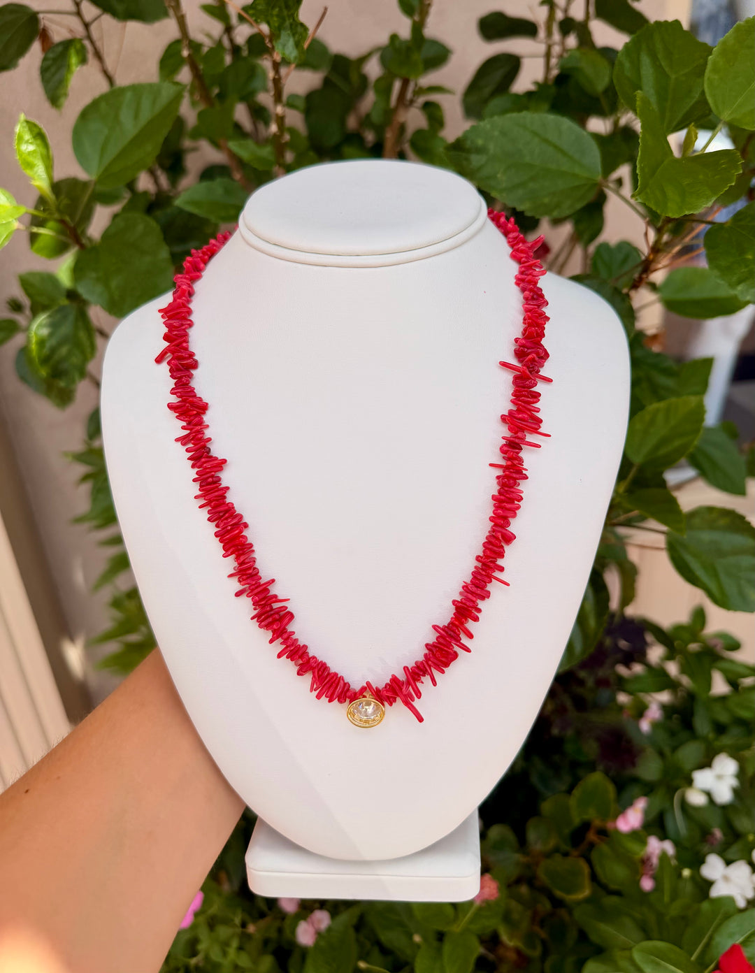 Bamboo Coral Beaded Necklace with CZ Oval Pendant