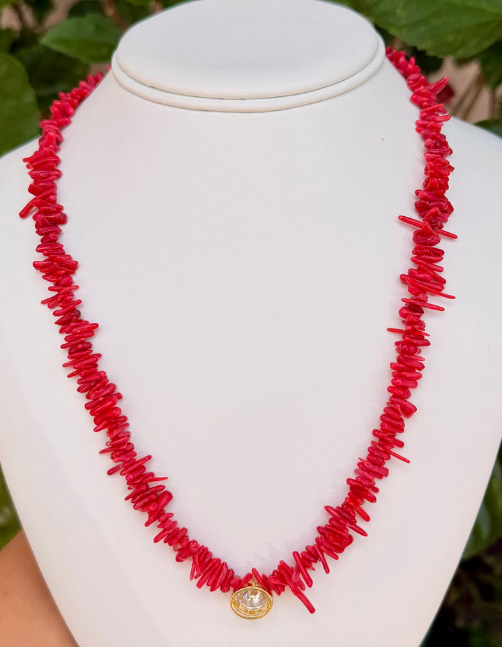 Bamboo Coral Beaded Necklace with CZ Oval Pendant