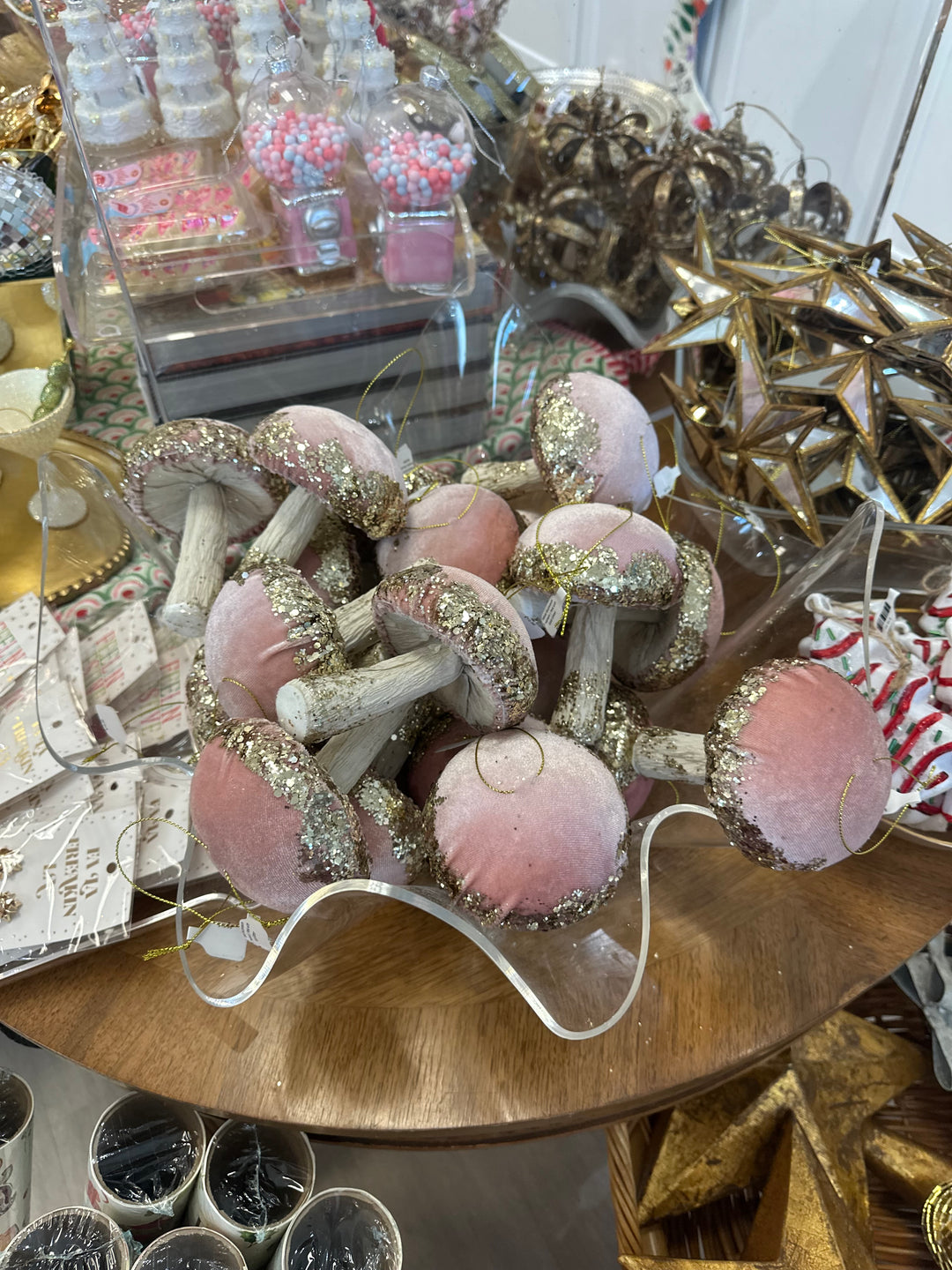 Velvet Mushroom Ornament | Pink with Gold Glitter