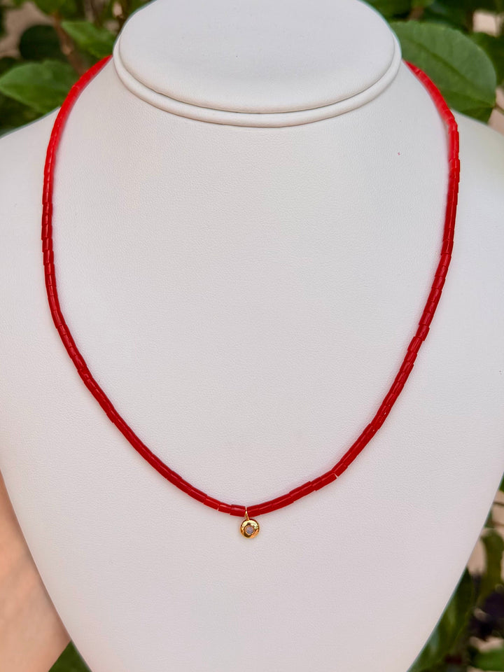Hand Beaded Necklace with Small Pendant | Red