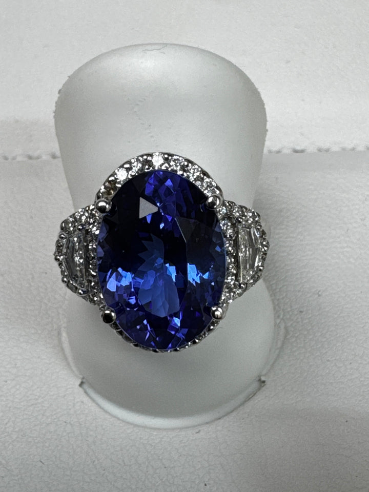 14k W/G Oval Tanzanite Three Stone Diamond Ring