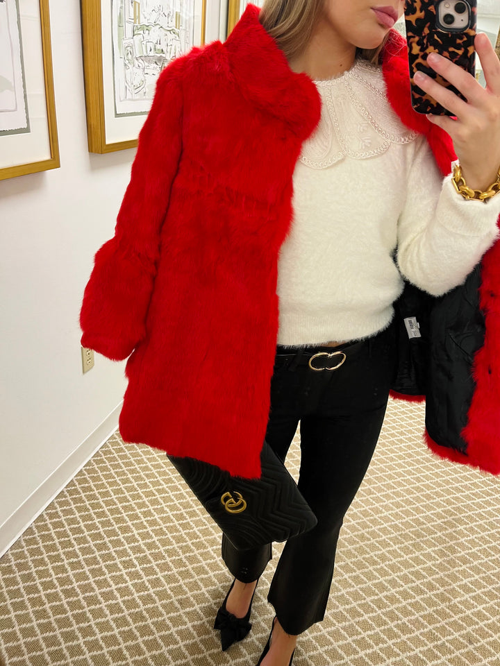 Red Genuine Rabbit Long Fur Jacket