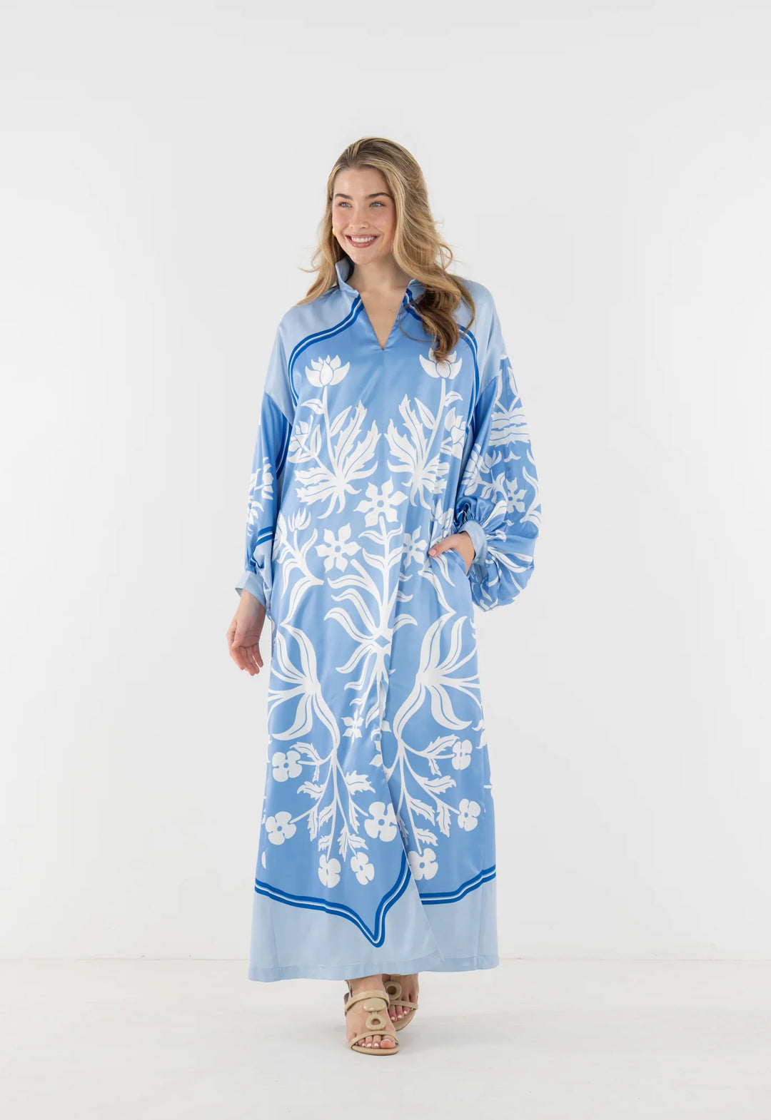 blue and white tile dress Catania Blue and White Tile Print Midi Dress L / Blue