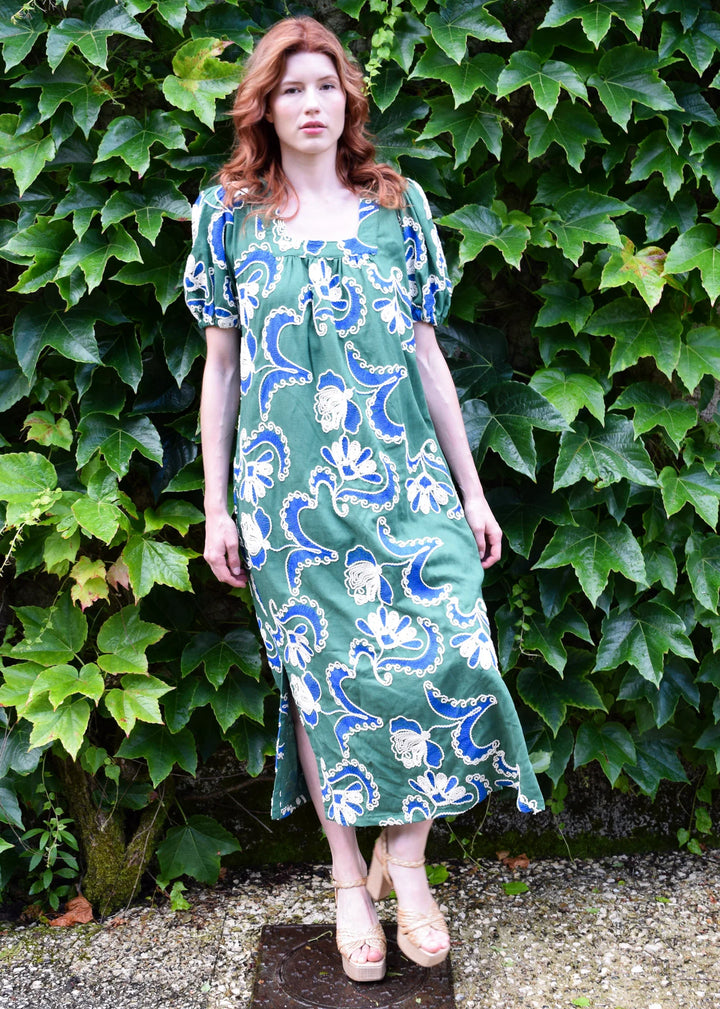 Square Neck Maxi Dress | Crewel Work