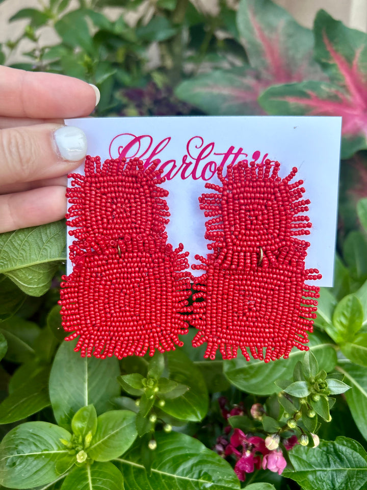 Double Bead Square Fringe Earrings | Red
