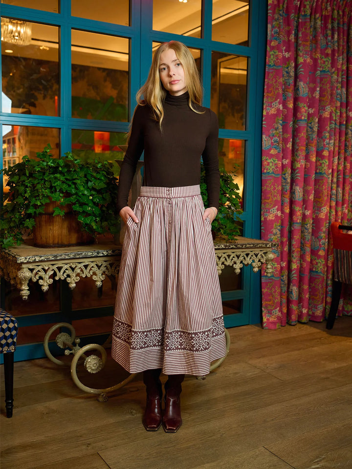 Colette Midi Skirt | Brown Stripe Embroidered