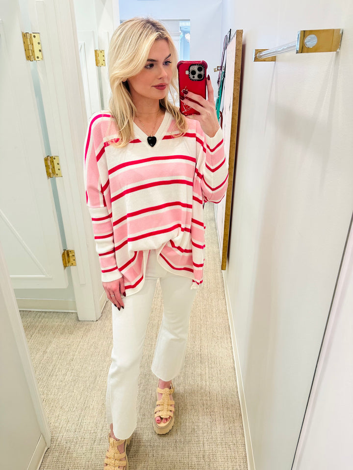 Catalina V-Neck Sweater | Pink Stripe