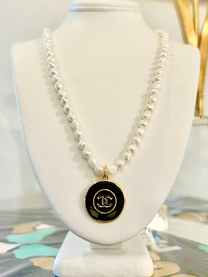 Seed Pearl Necklace with CC Medallion