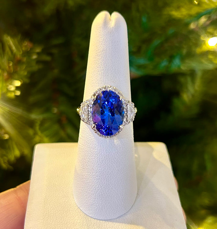 14k W/G Oval Tanzanite Three Stone Diamond Ring