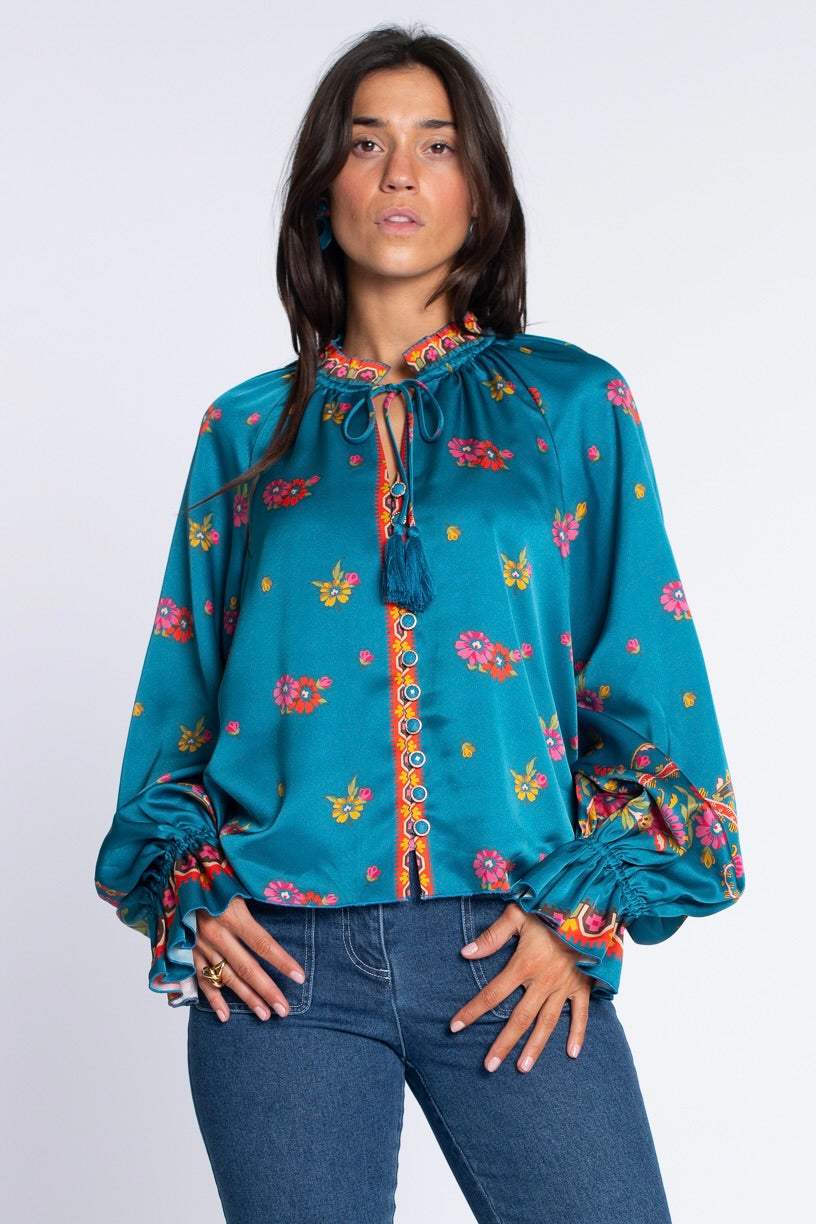 Long Sleeve Kit Top | Teal Scroll