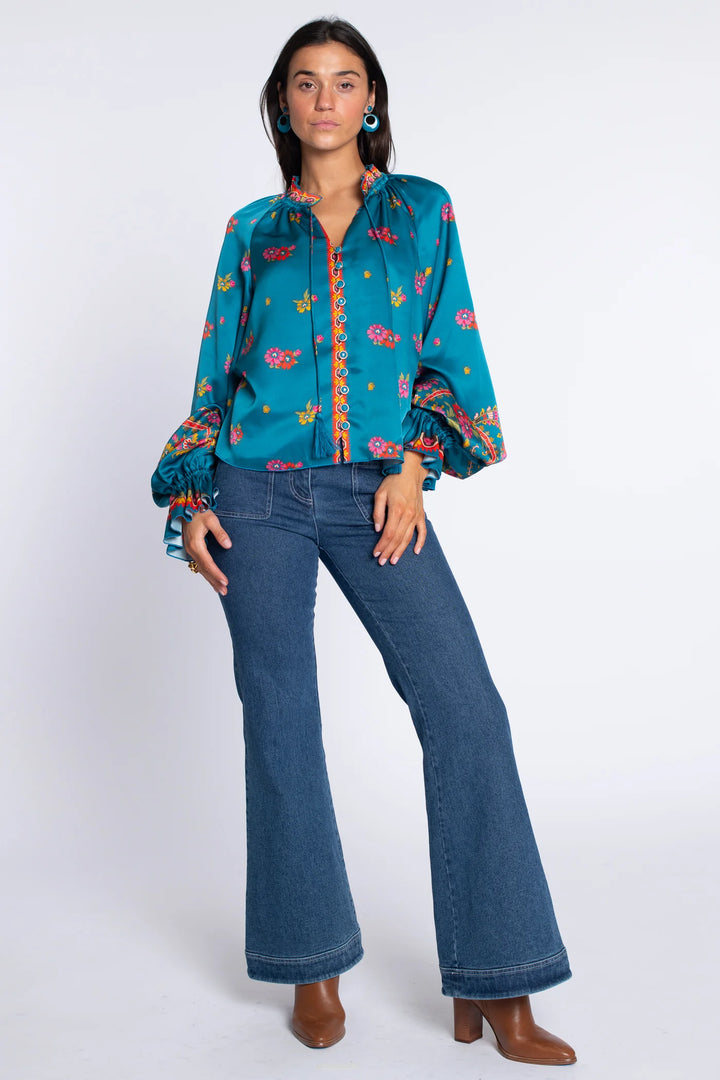 Long Sleeve Kit Top | Teal Scroll