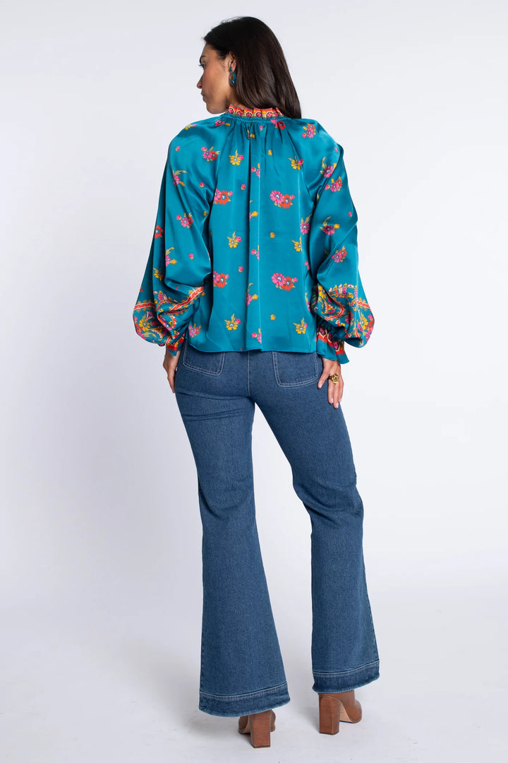 Long Sleeve Kit Top | Teal Scroll