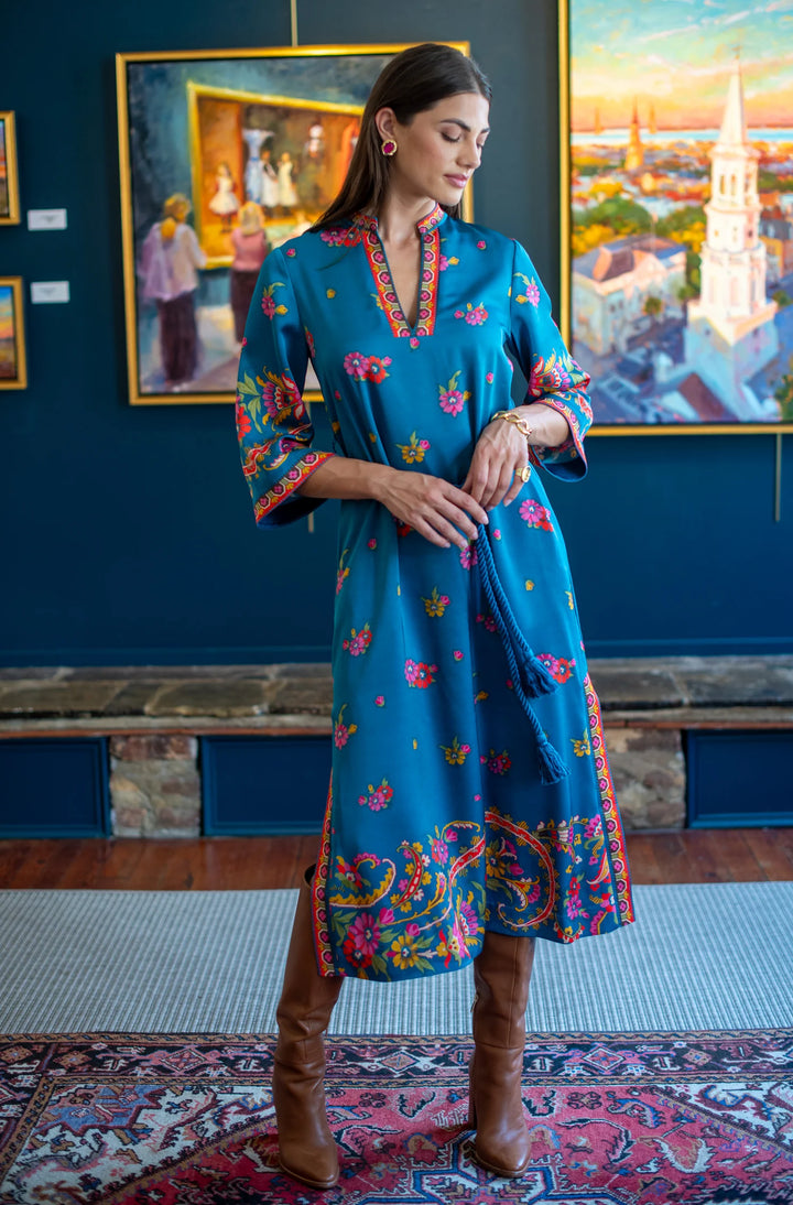 Talia Dress | Teal Scroll