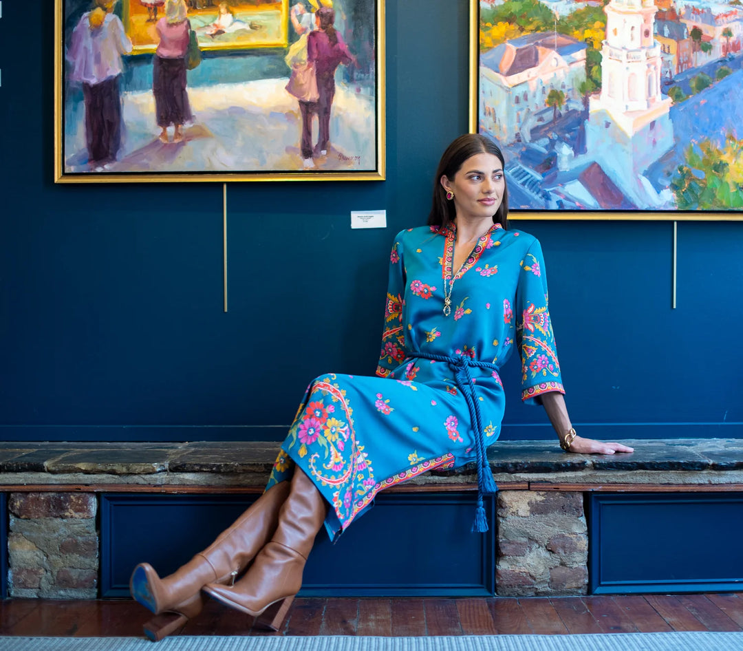 Talia Dress | Teal Scroll